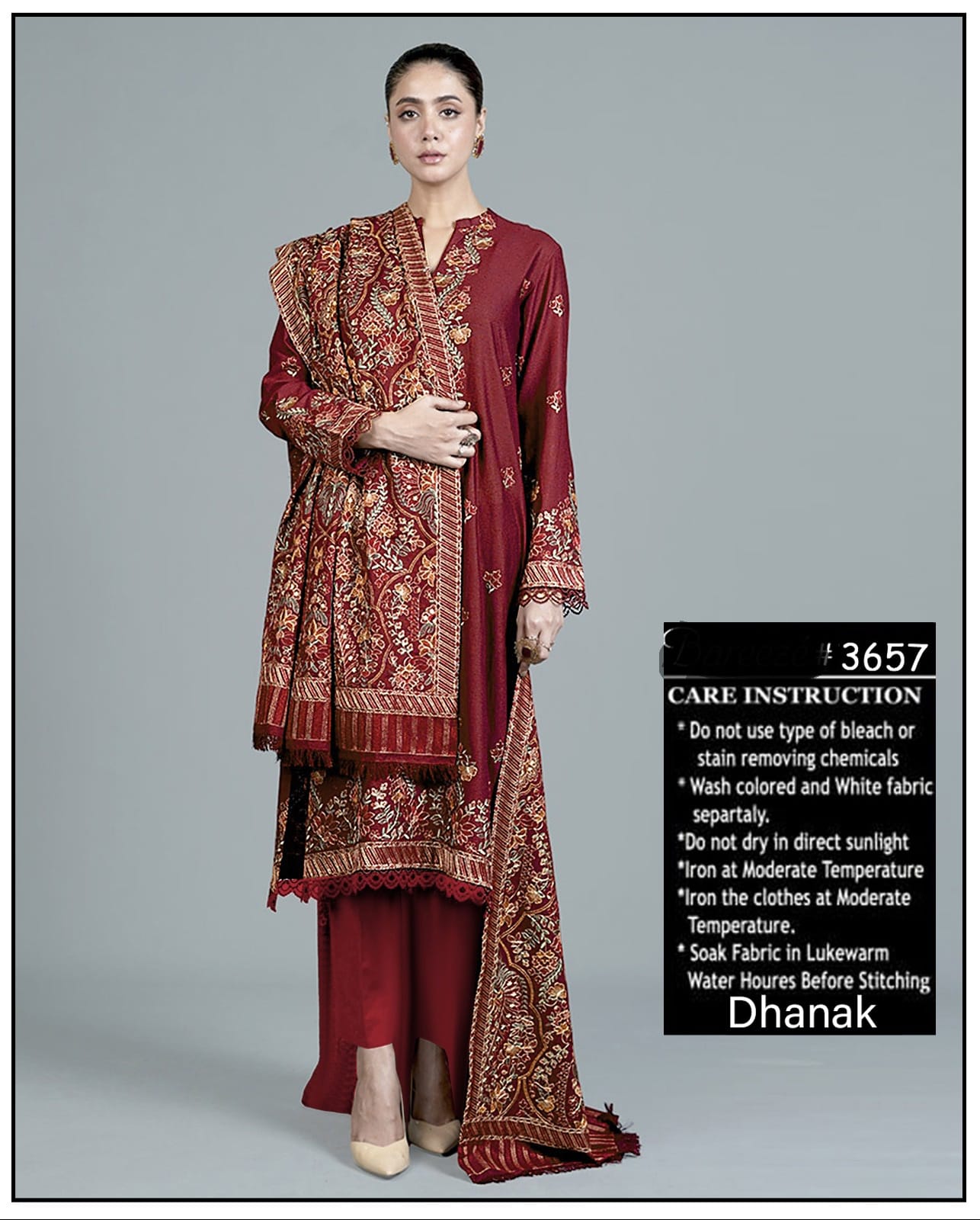3-Piece Dhanak Suit with Shawl Design 01
