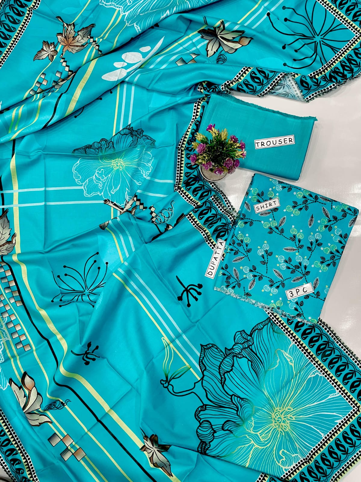 KHADAR 3PC PRINTED DRESS PLAIN TROUSER DESIGN 06