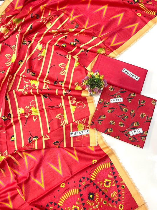 KHADAR 3PC PRINTED DRESS PLAIN TROUSER DESIGN 02