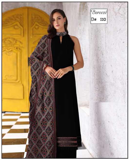 Karandi 3-Piece Unstitched Suit BAREEZA style with EMB shawl Design 03