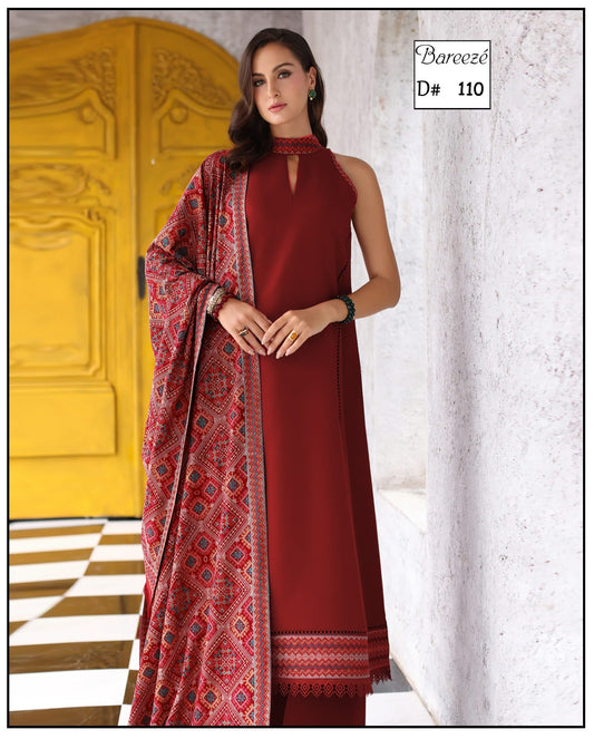 Karandi 3-Piece Unstitched Suit BAREEZA style with EMB shawl Design 03