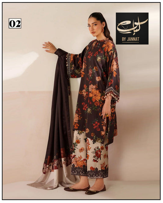 3PC Unstitched Printed Linen Bana Dora Dress  Baroque Design-02