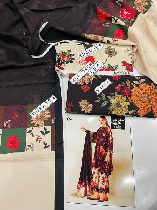 3PC Unstitched Printed Linen Bana Dora Dress  Baroque Design-02