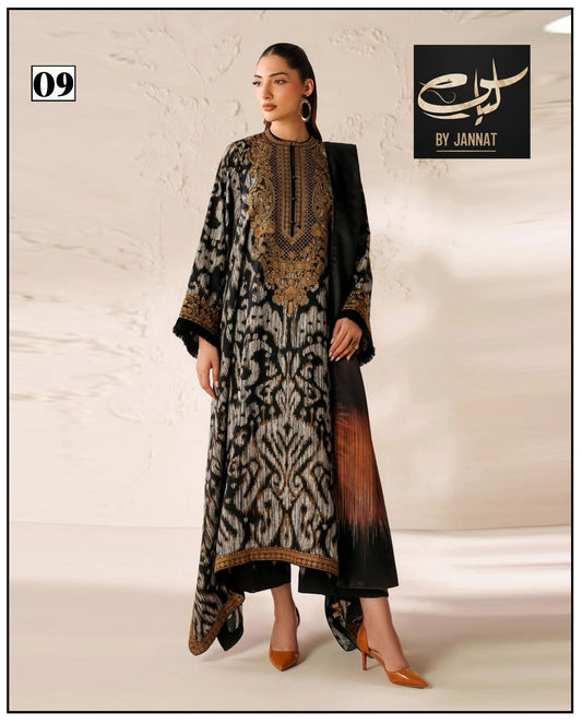 3PC Unstitched Printed Linen Bana Dora Dress  Baroque Design-05